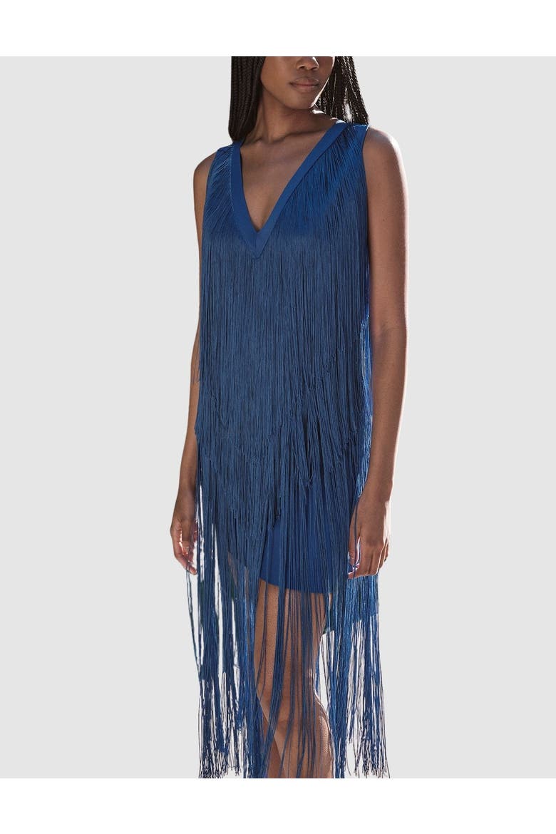 Fringe Bandage V-Neck Midi Dress, Alternate, color, Cobalt