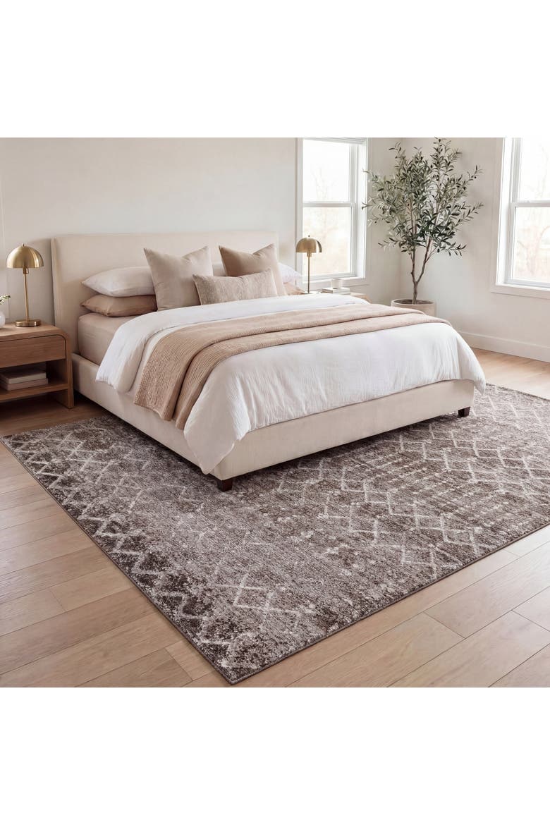 Leila Moroccan Diamond Trellis Non-Slip Machine-Washable Area Rug, Alternate, color, Taupe/Ivory