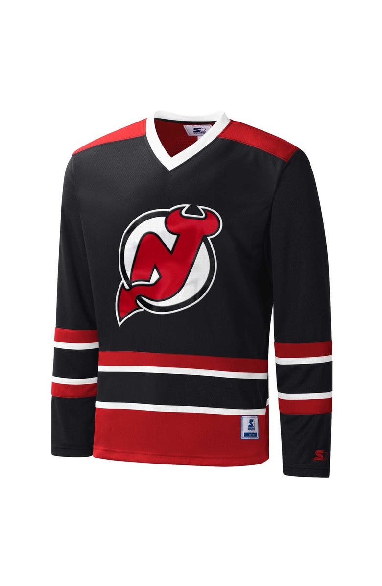 STARTER Men's Starter Black/Red New Jersey Devils Cross Check Jersey V-Neck Long Sleeve T-Shirt, Alternate, color,