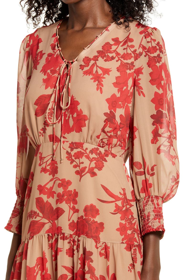 Floral Long Sleeve Tiered Midi Dress, Alternate, color, BROWN/ RED