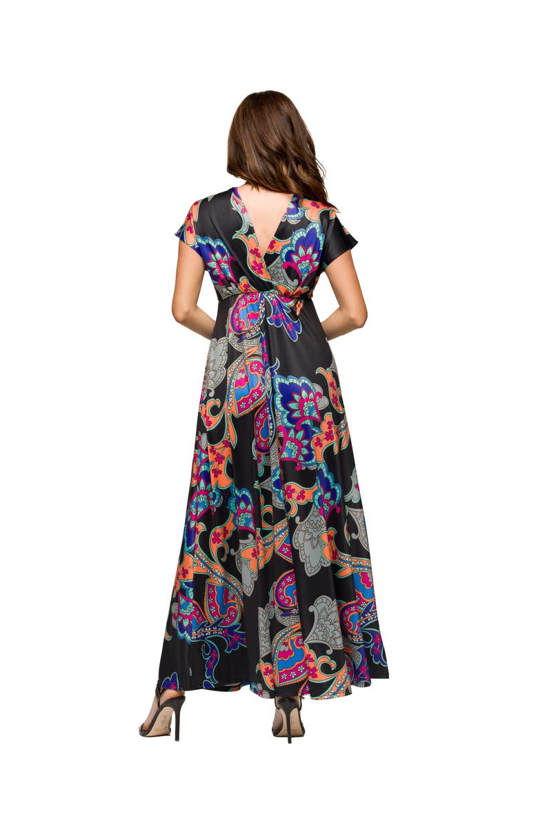 24seven Comfort Apparel Maternity Black Paisley Print V-Neck Empire Waist Cap Sleeve Maxi Dress, Alternate, color, Black Multi