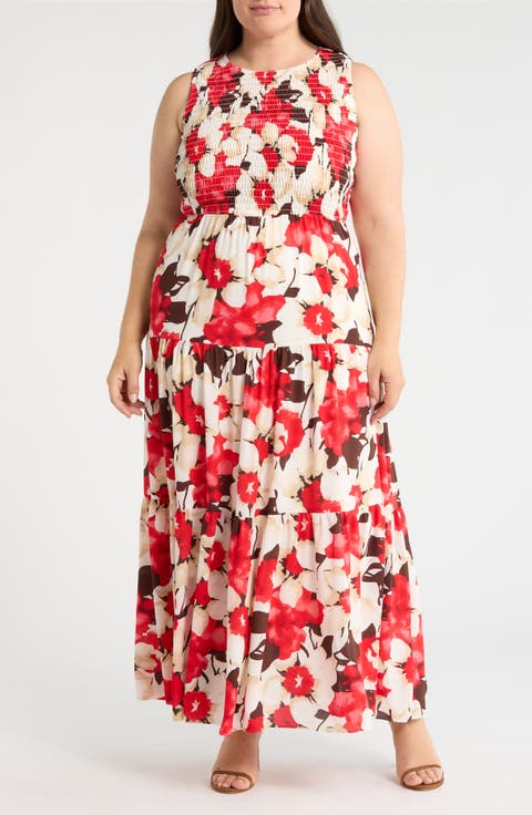 Print Smocked Bodice Tiered Maxi Dress (Plus)
