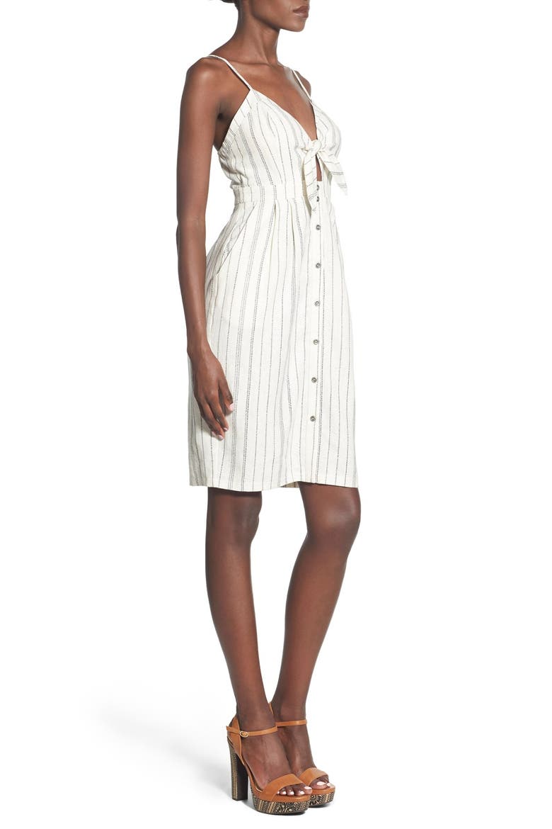 ASTR Tie Front Button Down Midi Dress, Alternate, color, WHITE-BLK