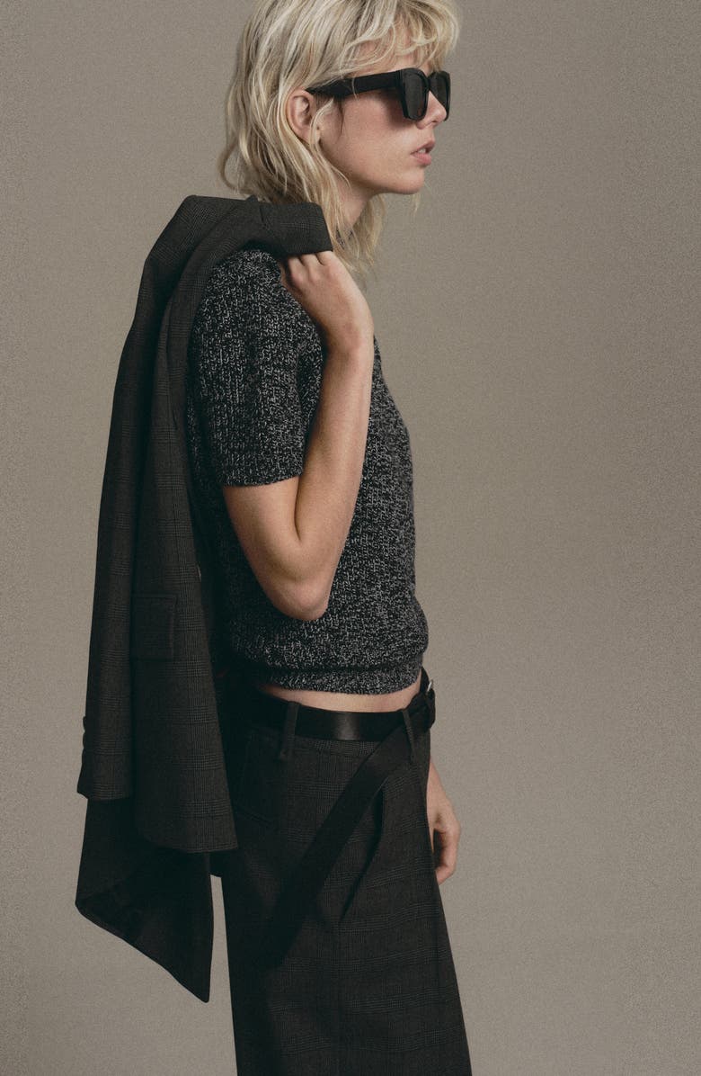 MANGO Marled Mock Neck Short Sleeve Sweater, Alternate, color, Black