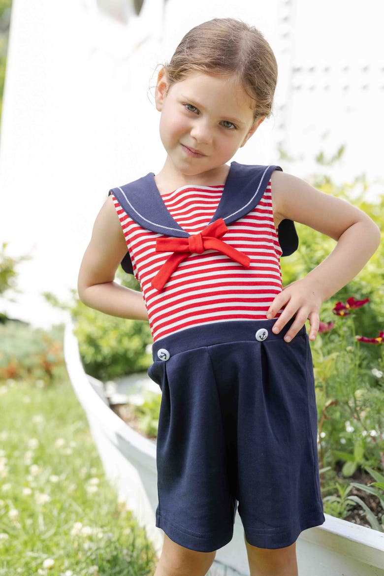 Stripe Knit Shorts Romper With Sailor Collar, Alternate, color, Red/Navy