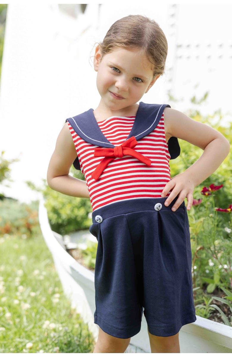 Florence Eiseman Stripe Knit Shorts Romper With Sailor Collar, Alternate, color, Red/Navy