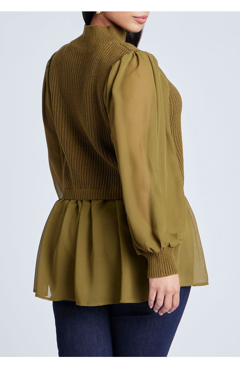 ELOQUII Twofer Sweater With Chiffon, Alternate, color, Fir Green
