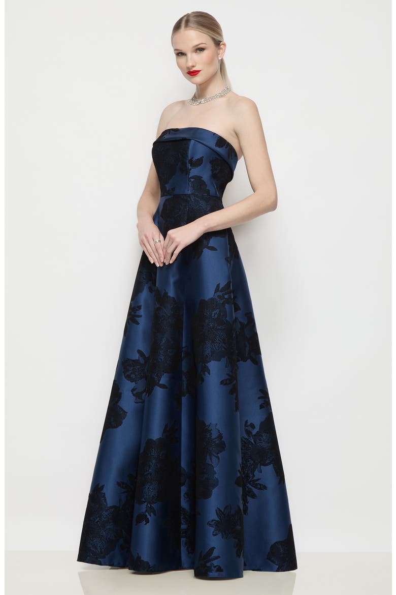 Sara Floral Lace Strapless Satin Gown, Alternate, color, SOFT NAVY/ BLACK
