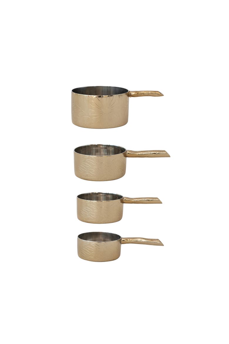 4-Piece Stainless Steel Measuring Cups with Etched Flowers and Twig Shaped Handles, Brass, Alternate, color, Brass