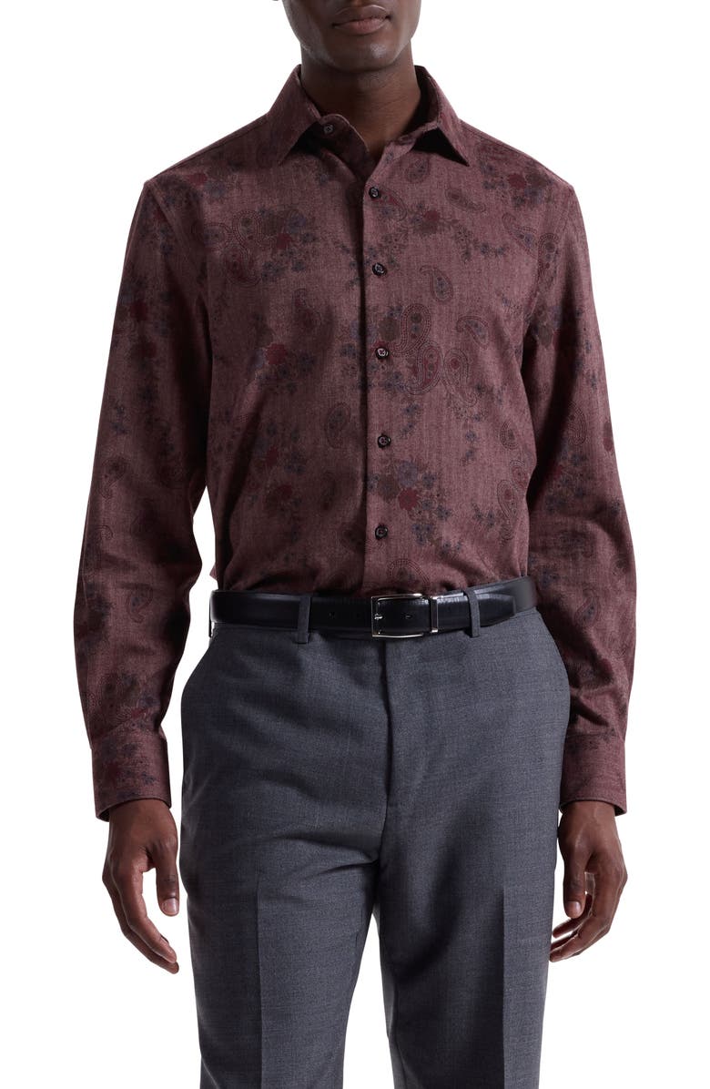Bugatchi Axel Shaped Fit Floral Paisley Button-Up Shirt, Main, color, Burgundy