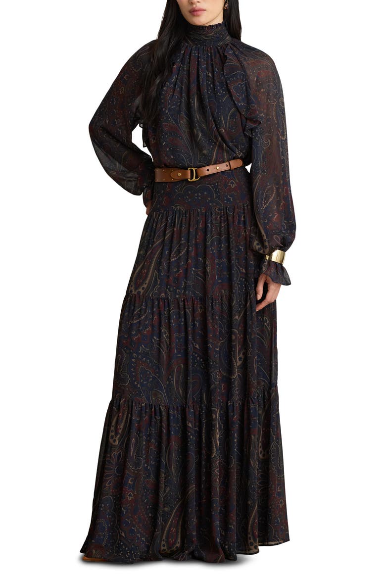 Paisley Crinkle Georgette Maxi Skirt, Main, color, NAVY BLUE/ MULTI