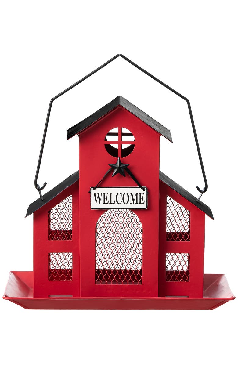 Glitzhome 12"H Metal Red House Hanging Birdfeeder, Main, color, Red