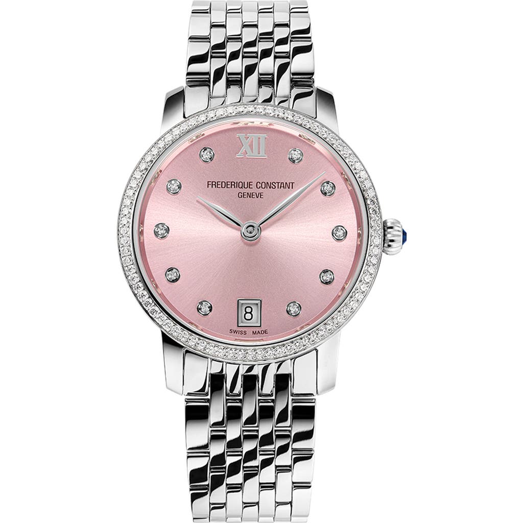 Frederique Constant Women's Swiss Slimline Diamond (5/8 Ct. T.w.) Stainless Steel Bracelet Watch 30mm In Silverone/pink