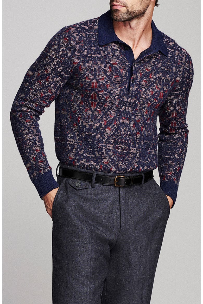 Long Sleeve Tile Jacquard Polo, Alternate, color, CARBON BLUE MULTI