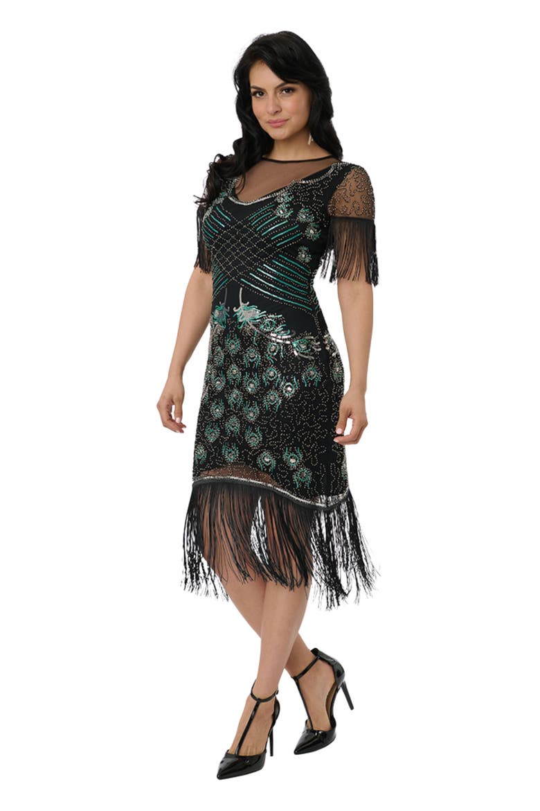 Beaded Nadine Fringe Flapper Dress, Main, color, Black
