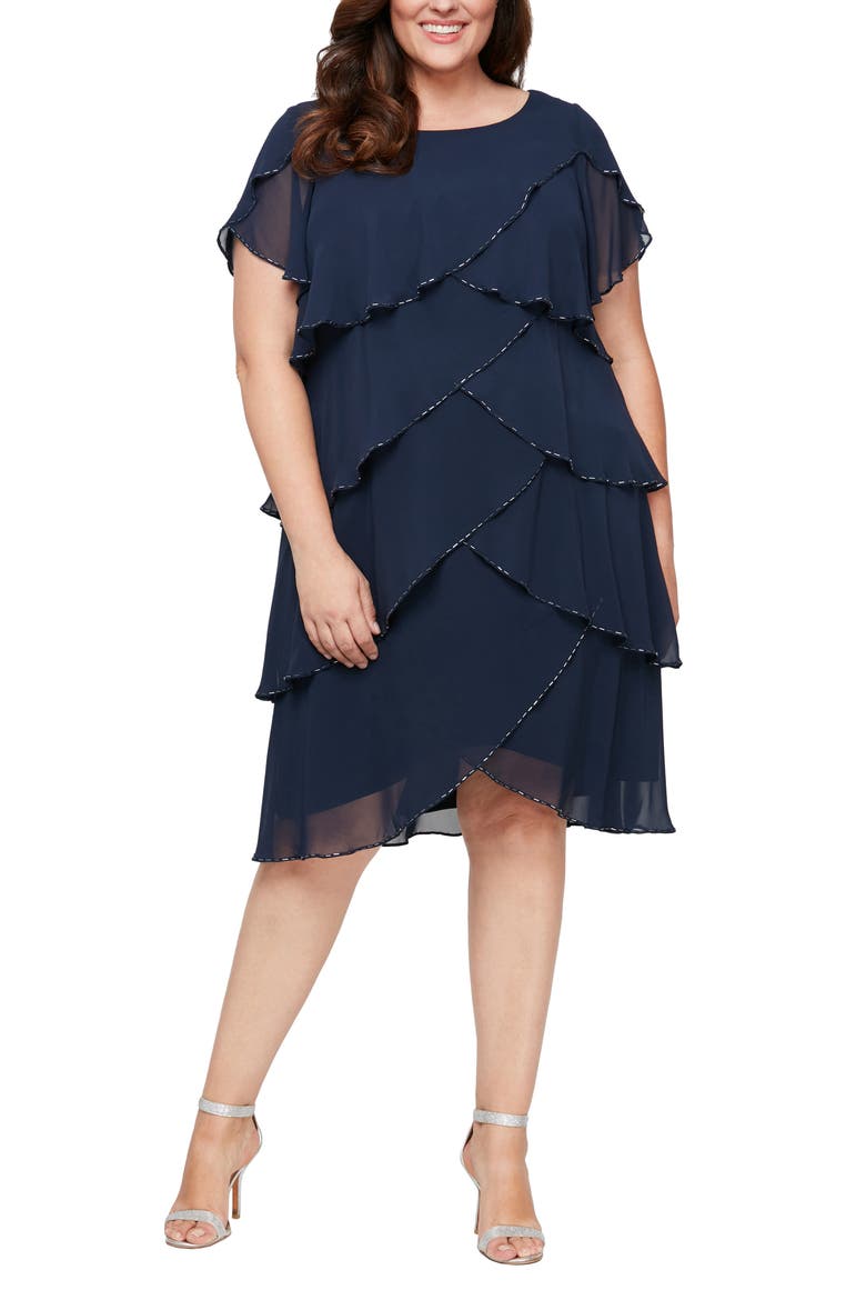 Bugle Beaded Tiered Cocktail Dress, Main, color, NEW NAVY