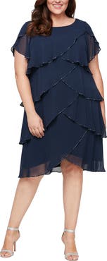 SL FASHIONS Bugle Beaded Tiered Cocktail Dress