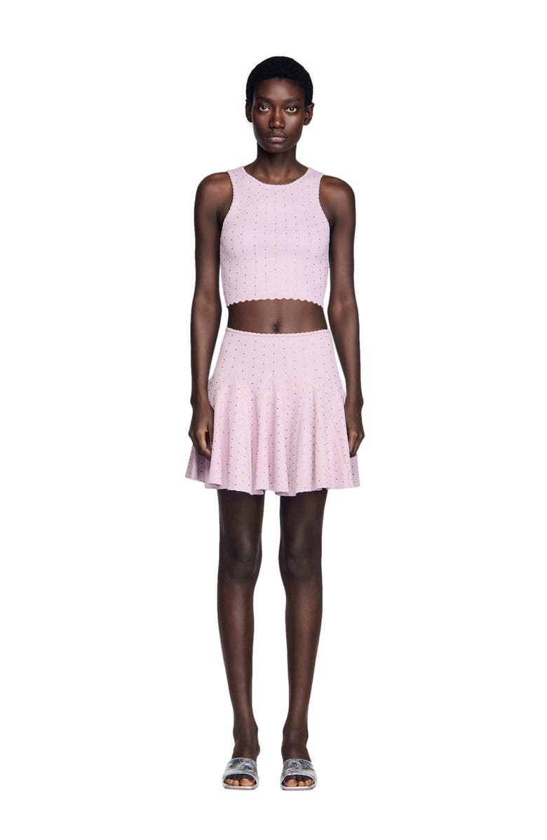 SANDRO Mini rhinestone knit skirt, Main, color, Mauve
