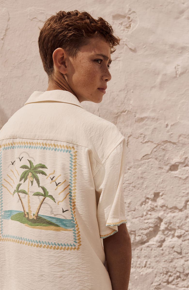 NEXT Kids' Palm Tree Short Sleeve Graphic Button-Up Shirt, Alternate, color, Neutral