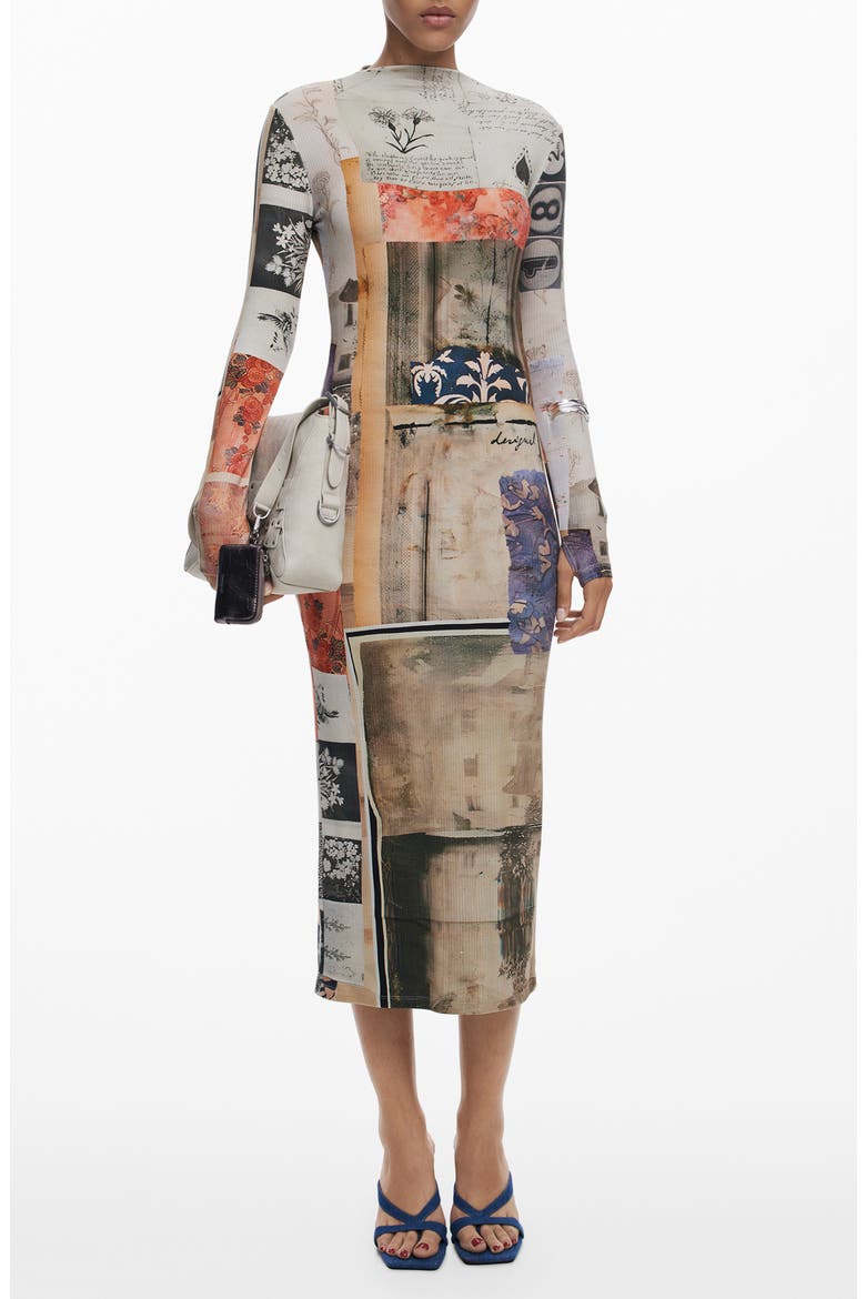 Mix Print Long Sleeve Midi Dress, Main, color, BEIGE