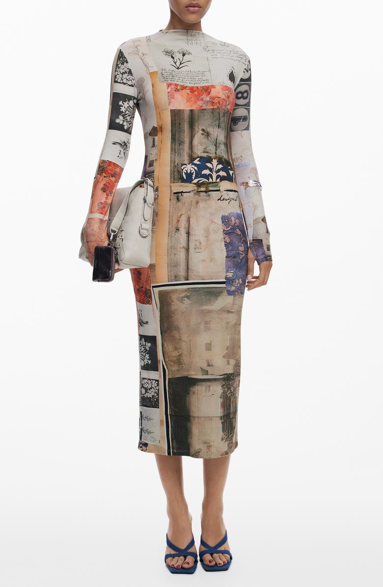 Desigual Mix Print Long Sleeve Midi Dress, Main, color, Beige