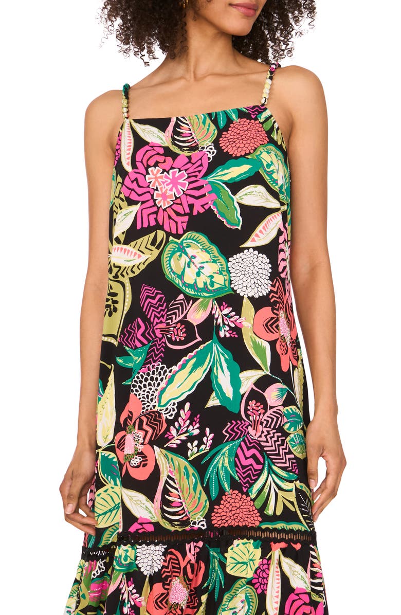 Vince Camuto Floral Ladder Stitch Inset Tiered Maxi Dress, Alternate, color, Rich Black