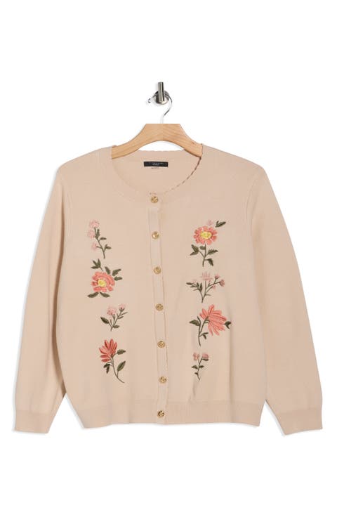 Floral Embroidered Button Front Cardigan (Plus)