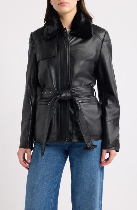 Belted Leather Jacket with Faux Fur Collar