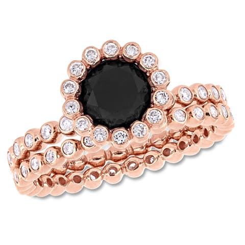 Black & White Diamond Halo Bridal Ring Set 10k