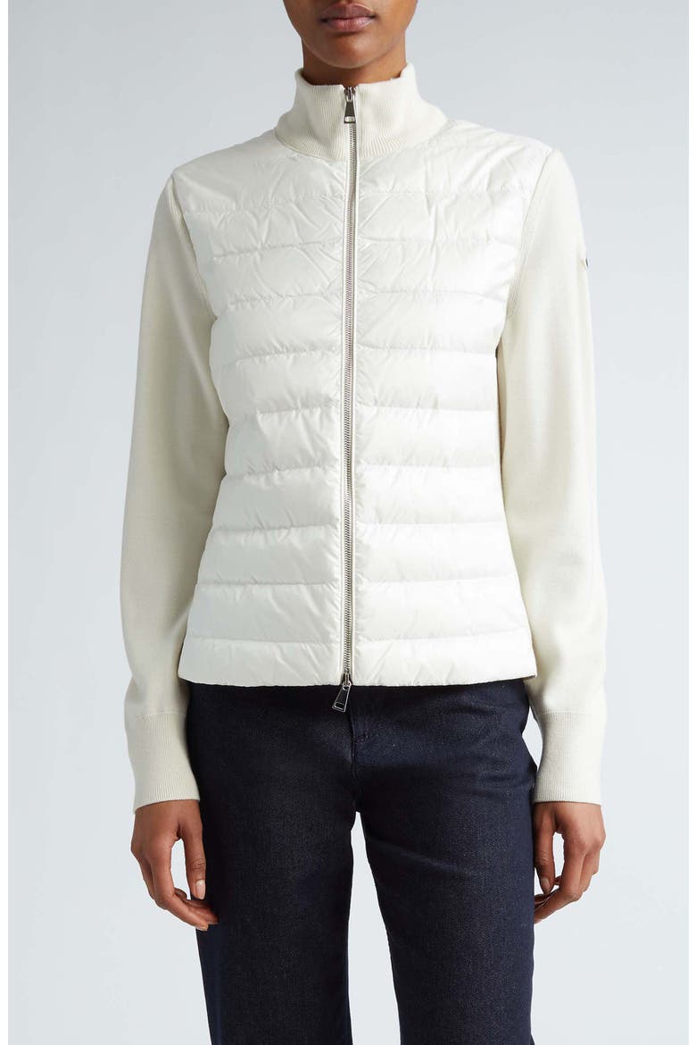 Quilted Nylon & Wool Knit Cardigan, Alternate, color, WHITE
