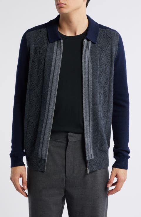 Tennant Stripe Colorblock Zip Front Wool Cable Stitch Cardigan