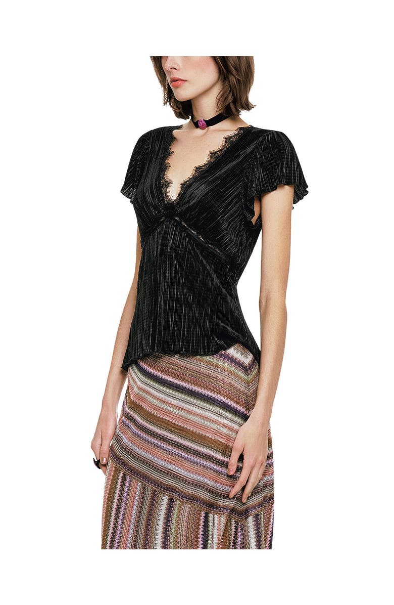 Anna Sui Plisse V-Neck Top, Alternate, color, Black