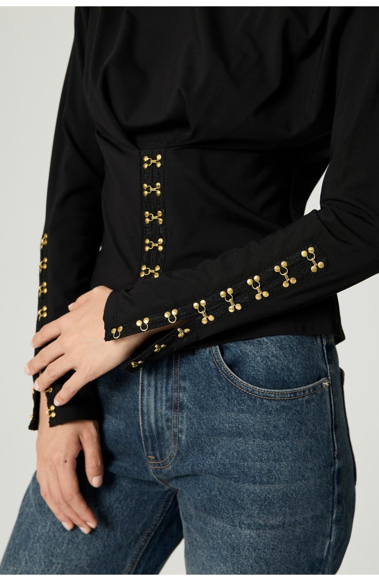 Nocturne Hook-Detail Pleated Knit Blouse, Alternate, color, Black