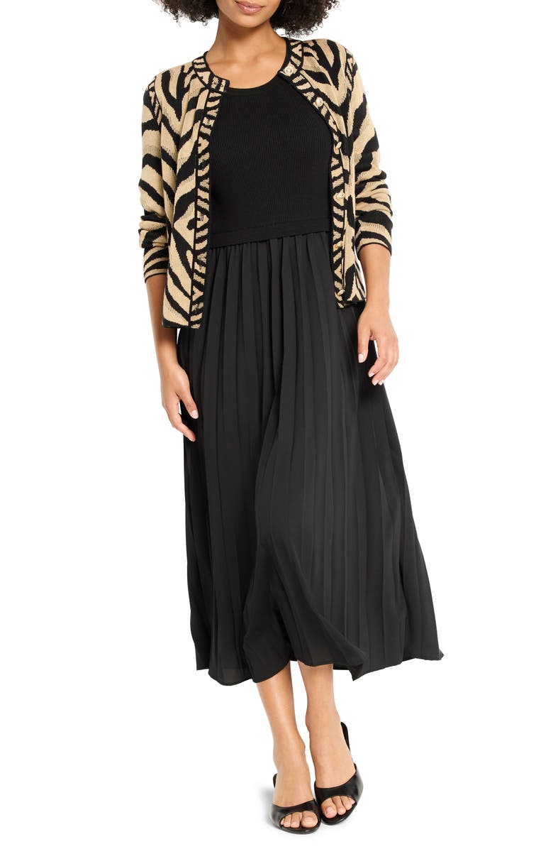 NIC+ZOE Kyrie Long Sleeve Pleated Mixed Media Maxi Dress, Alternate, color, Black Onyx