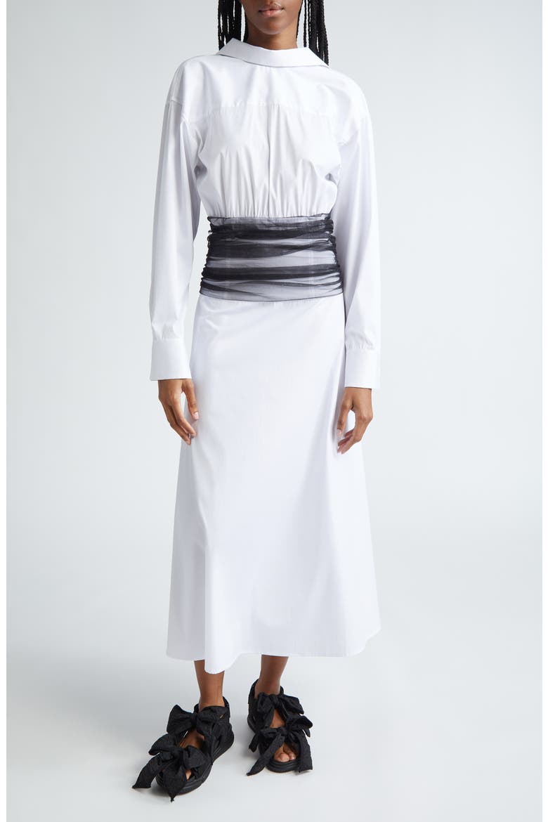 Drew Tulle Waist Long Sleeve Poplin Shirtdress, Main, color, WHITE