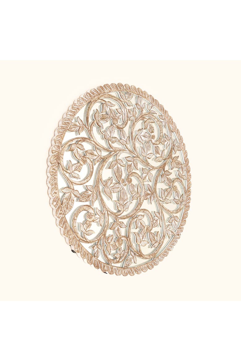 Round Wood Handcarved Wall Panel with Mirror, Alternate, color, White