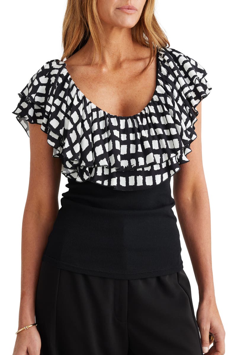 Brave+True Callie Windowpane Print Double Ruffle Mixed Media Top, Main, color, 