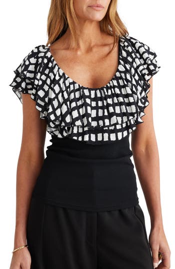 Brave + True Callie Windowpane Print Double Ruffle Mixed Media Top In White