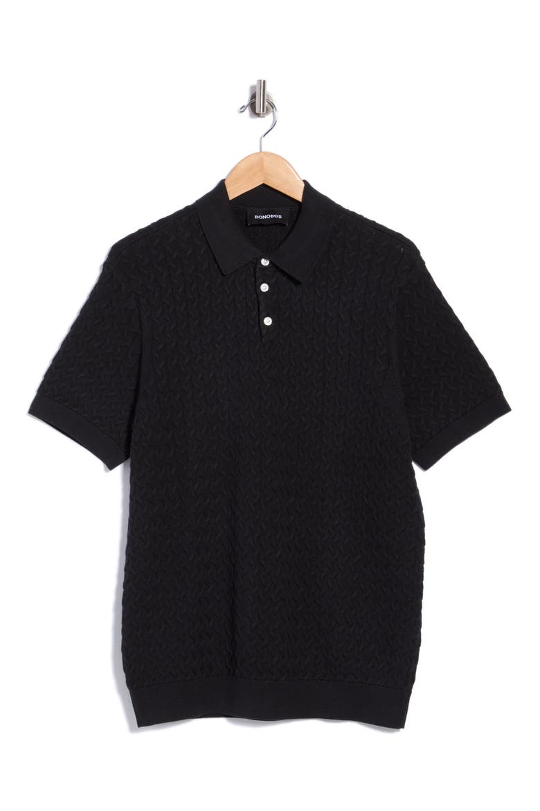 Cotton Cable Sweater Polo, Alternate, color, JET BLACK