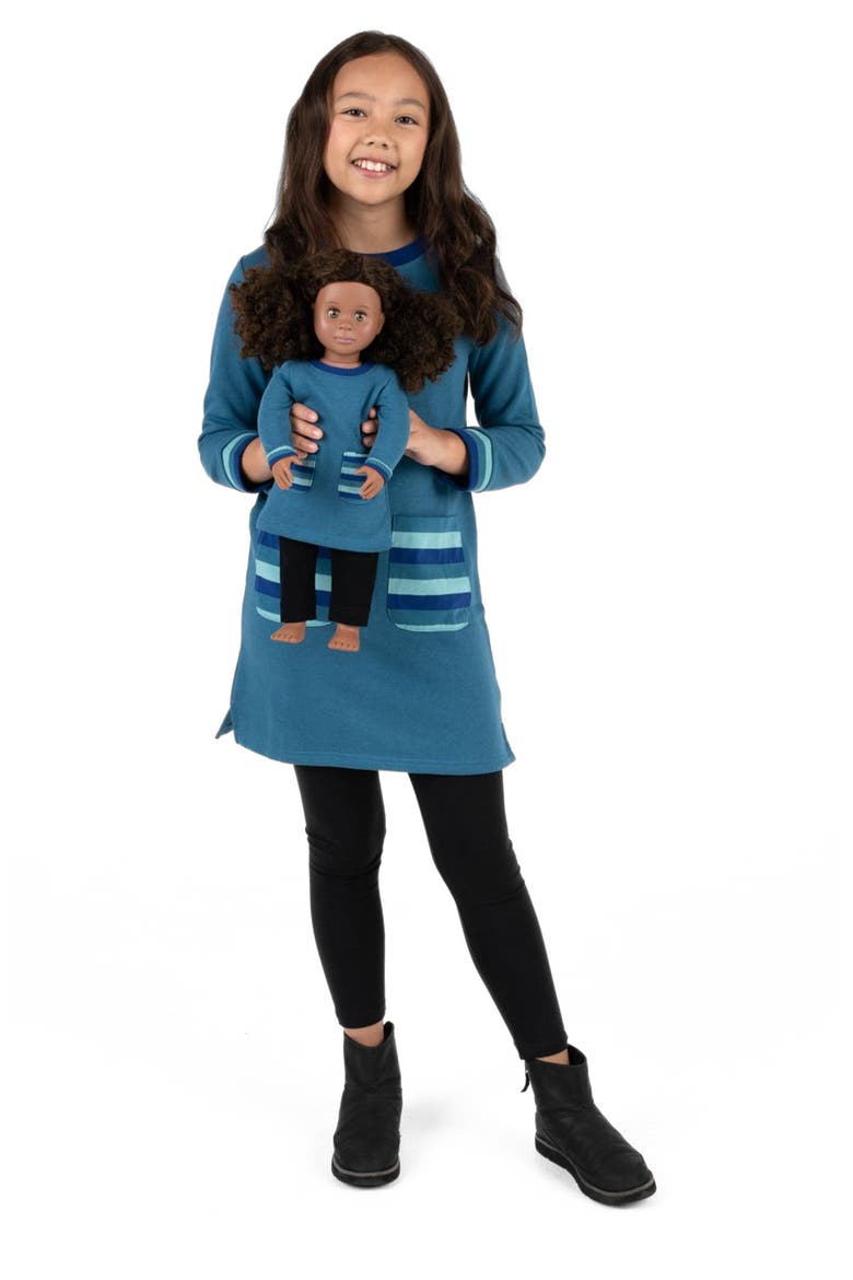 Girls Sweatshirt Dress with Matching Doll Dress, Alternate, color, TEAL BLUE