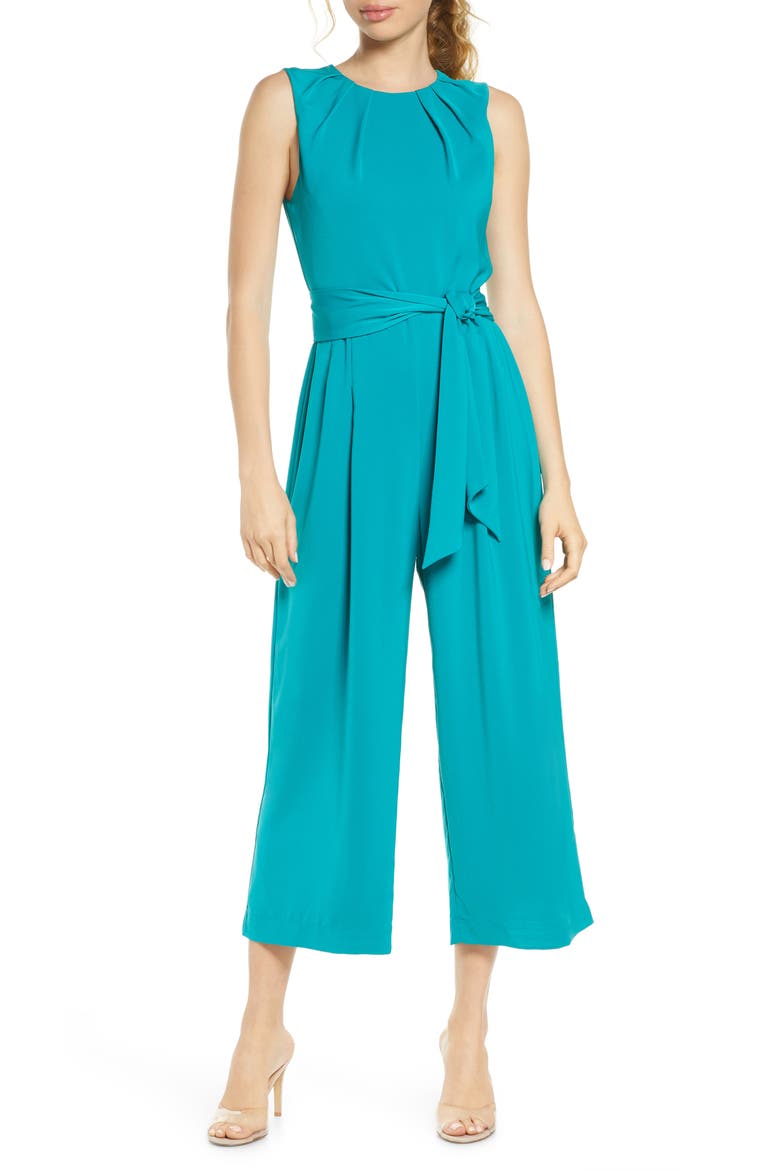 Pleated Neck Sleeveless Culotte Jumpsuit, Main, color, PEACOCK