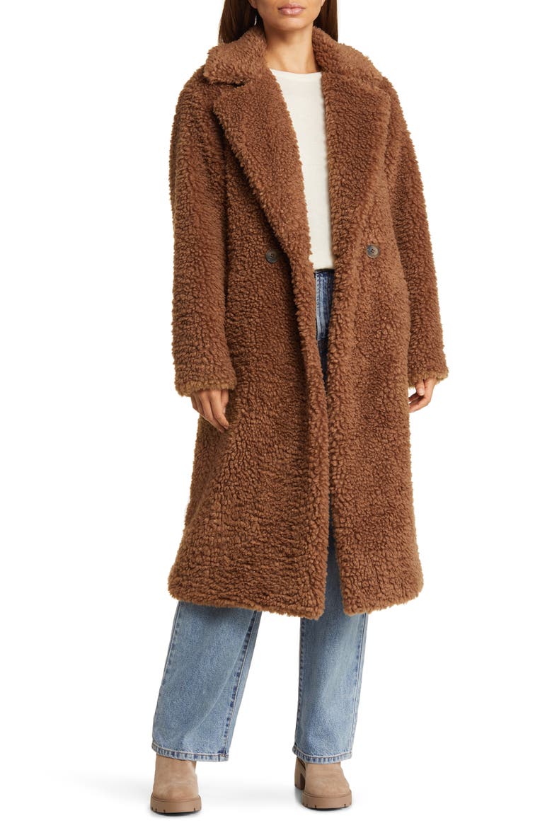 Faux Shearling Double Breasted Longline Coat, Alternate, color, BROWN