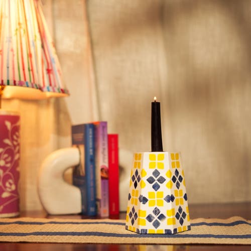Mela Artisans Marigold Mosaic Inlay Candleholder In Yellow