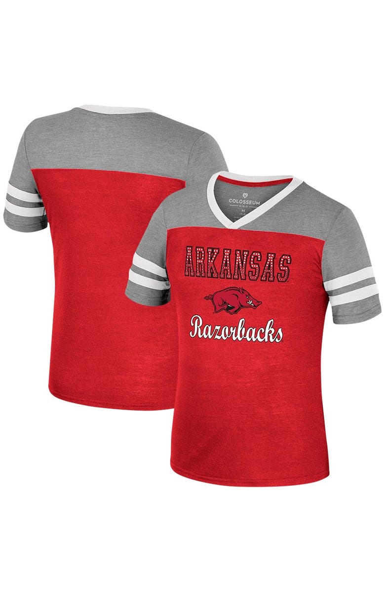 COLOSSEUM Girls Youth Colosseum Cardinal/Heather Gray Arkansas Razorbacks Summer Striped V-Neck T-Shirt, Main, color, 
