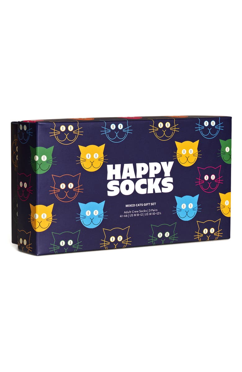 Happy Socks Mixed Cats 3-Pack Cotton Blend Crew Socks Gift Set, Alternate, color,