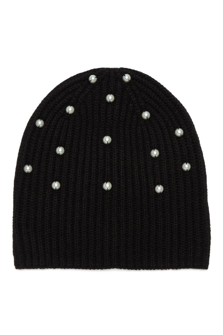 pearl embellished knit beanie, Main, color, BLACK