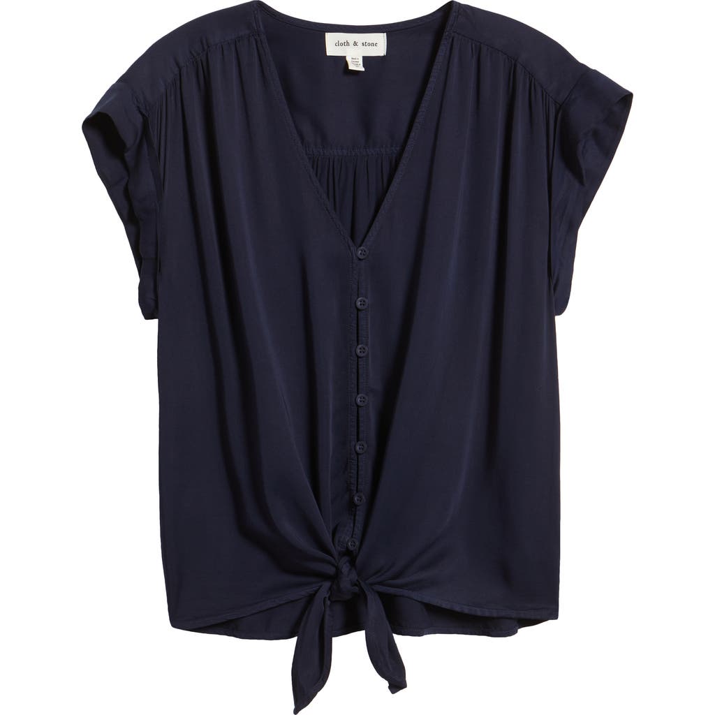 Cloth & Stone Cap Sleeve Tie Hem Button-up Top In Black