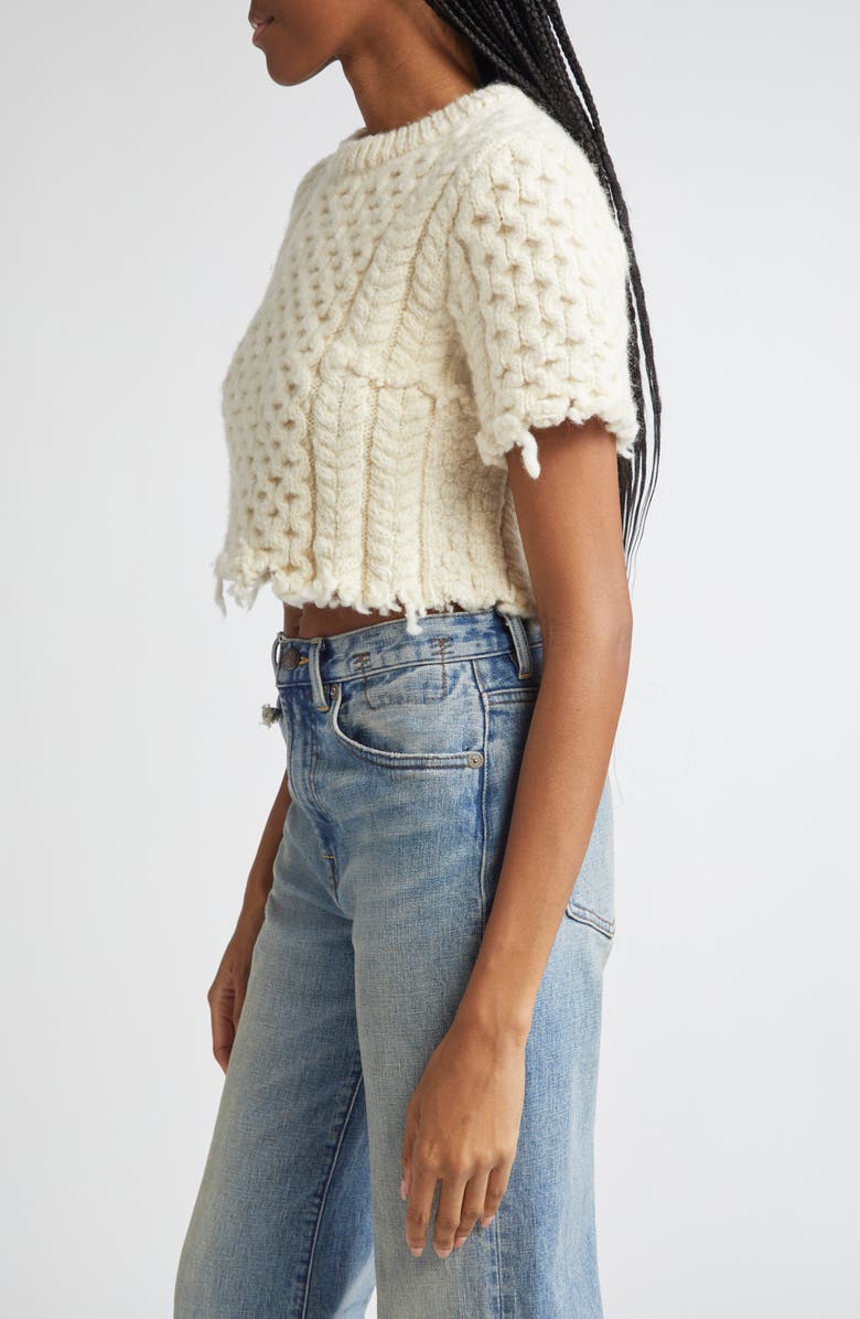R13 Cutoff Shrunken Fisherman Stitch Wool Sweater, Alternate, color, Cream