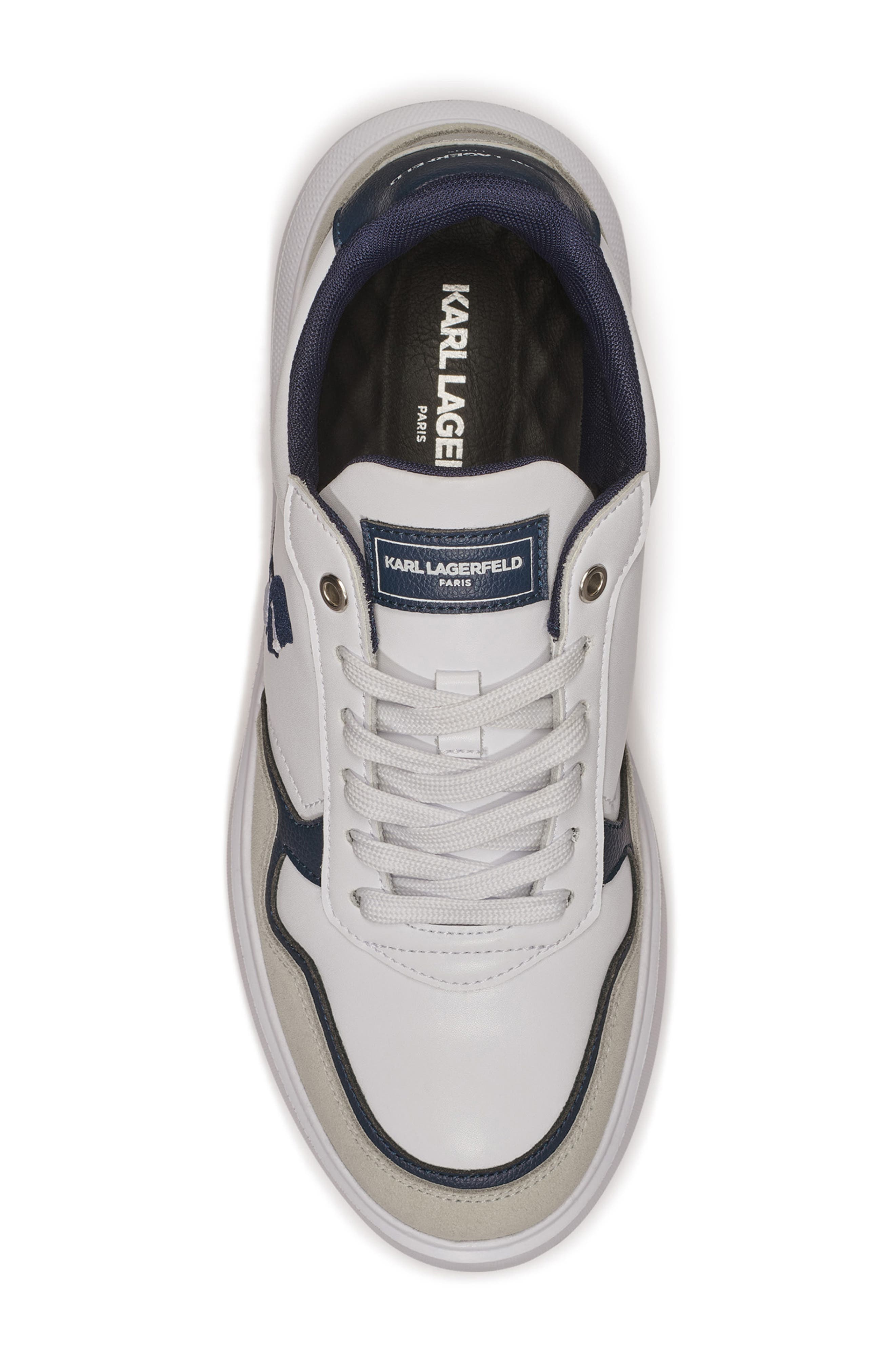 Side Karl Profile Embroidered Low Top Sneaker, Alternate, color, WHITE/ NAVY