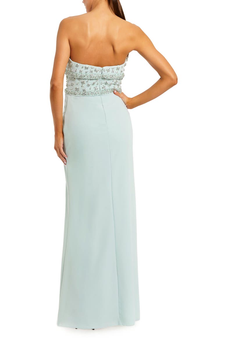 Strapless Sweetheart Crepe Gown with Embellished Bodice, Bow Detail & Thigh-High Slit, Alternate, color, Mint